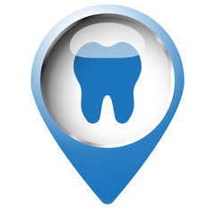 Map pin symbol with Tooth icon. Blue symbol on white background.