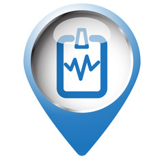 Map pin symbol with Cardiogram Clipboard icon. Blue symbol on wh