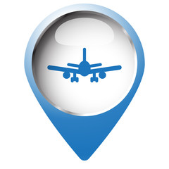 Fototapeta premium Map pin symbol with Airplane icon. Blue symbol on white backgrou