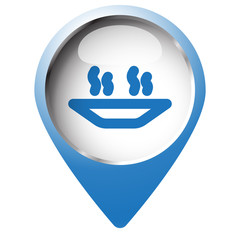 Map pin symbol with Hot Meal icon. Blue symbol on white backgrou