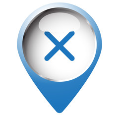 Map pin symbol with Cancel icon. Blue symbol on white background