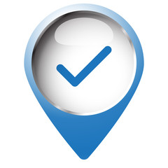Map pin symbol with Confirm icon. Blue symbol on white backgroun