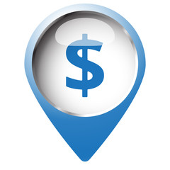Map pin symbol with Dollar icon. Blue symbol on white background