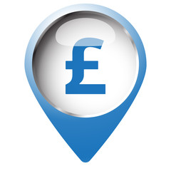 Map pin symbol with Pound icon. Blue symbol on white background.