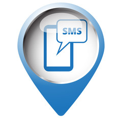Map pin symbol with Sms icon. Blue symbol on white background.