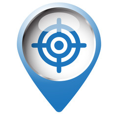 Map pin symbol with Target icon. Blue symbol on white background