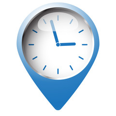 Map pin symbol with Clock icon. Blue symbol on white background.