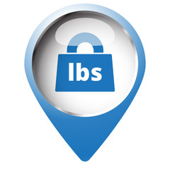 Map pin symbol with Weight Pounds icon. Blue symbol on white bac