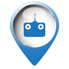 Map pin symbol with Radio Control icon. Blue symbol on white bac