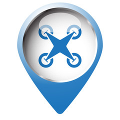 Map pin symbol with Drone Quadcopter icon. Blue symbol on white