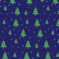 Christmas tree with garland and snowflakes on dark blue background. Seamless pattern