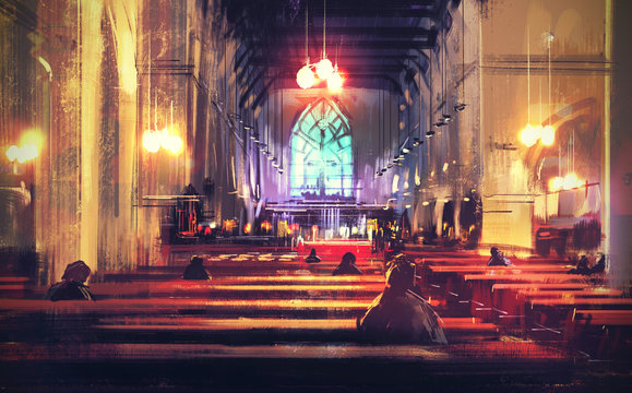 interior view of a church,illustration,digital painting