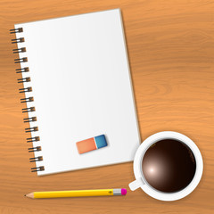 Vector Note Paper and a cup of coffee on wooden table