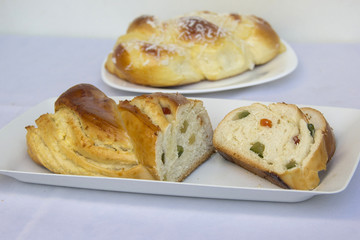 Home made sweet braided bread. Bread with crystal fruit.