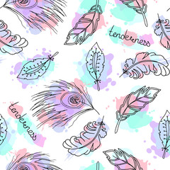 Hand drawn feathers seamless pattern.