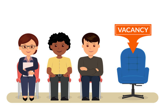 Vacancy. Cartoon people sitting on chairs awaiting an interview for employment. Recruitment.