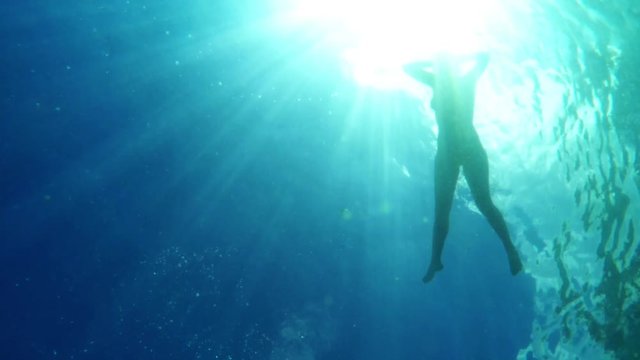 Underwater shoot of woman swimming on surface of the caribbean islands of San Blas, Panama