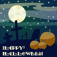 Halloween background. Pumpkins, big moon and graveyard. Happy Halloween card.