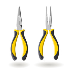 Set of two yellow long nose pliers isolated on white background, realistic vector illustration