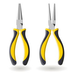 Set of two yellow round pliers isolated on white background, realistic vector illustration