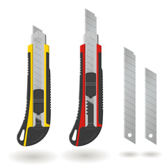 Set of two Stationery knives and blades isolated on white background, realistic vector illustration