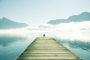 Obraz premium pier with seagull by Mondsee in Austria
