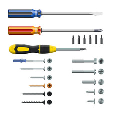Set of three different screwdrivers, bits and screws, isolated on white background, realistic, vector illustration