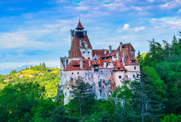 Beautiful traditional Dracula castle architecture, in Bran town, region of Transylvania, in Eastern europe, Romania