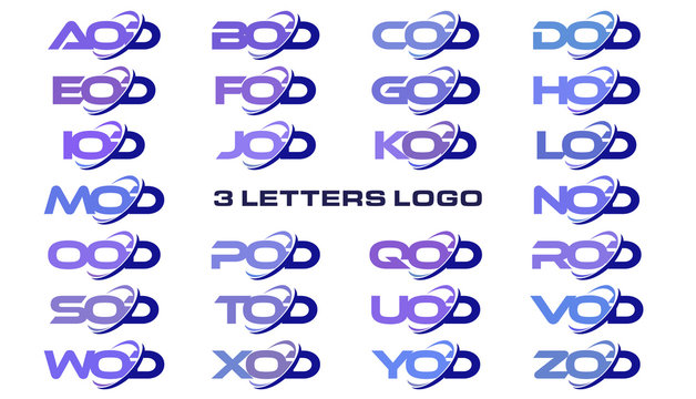 3 letters modern generic swoosh logo AOD, BOD, COD, DOD, EOD, FOD, GOD, HOD, IOD, JOD, KOD, LOD, MOD, NOD, OOD, POD, QOD, ROD, SOD, TOD, UOD, VOD, WOD, XOD, YOD, ZOD