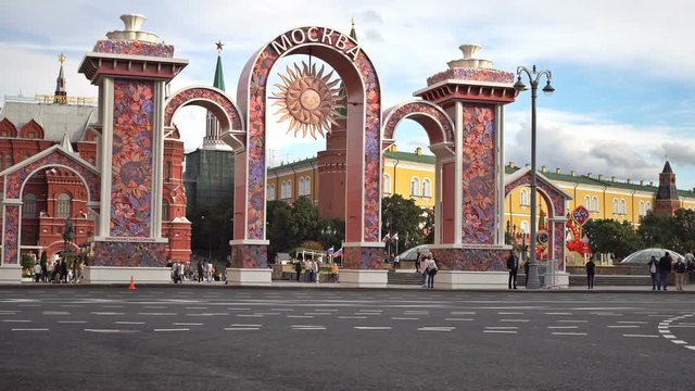 The painted gate in front of the Moscow Kremlin, Red Square and The State Historical Museum. UHD - 4K. September 06, 2016. Moscow. Russia