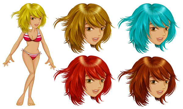 Girl in bikini and different hair colors