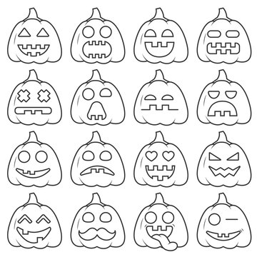 Set icon emoji pumpkin black line for halloween