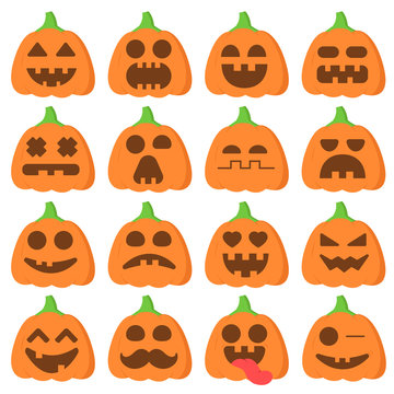 Set Icon Emoji Cartoon Pumpkin Orange For Halloween