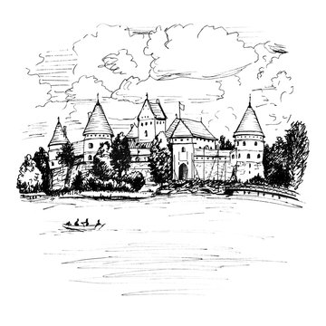 Color hand drawing, Trakai Island Castle or Traku pilis in summer day near Vilnius, Lithuania. Picture made liner