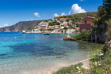 Fototapeta na wymiar Beach of Assos village and beautiful sea bay, Kefalonia, Ionian islands, Greece