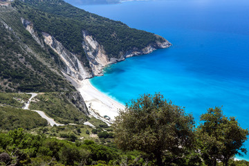 Fototapeta na wymiar Panoramic View of beautiful Myrtos bay road to beach, Kefalonia, Ionian islands, Greece