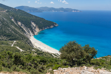 Fototapeta na wymiar Amazing seascape with Blue water of beautiful Myrtos beach, Kefalonia, Ionian islands, Greece
