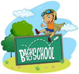 Back to school theme with boy jumping
