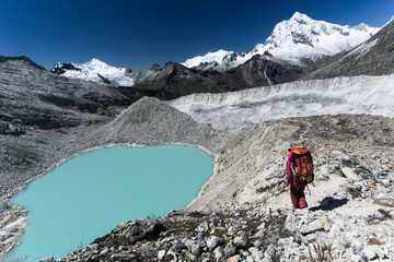 Naklejka premium single mountaineer descending from Pisco high camp in the Cordillera Blanca in Peru