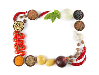 Vegetables and spices on white background