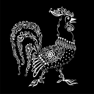 black and white rooster with a floral pattern and swirls. Symbol of the New Year 2017 on the Chinese calendar.
