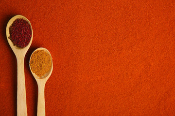 Dried spices in spoons on paprika powder background