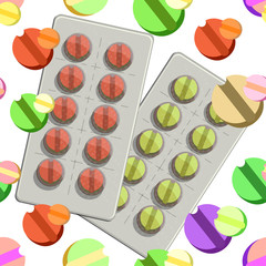 seamless pattern with a couple medical tablets in packing on a w