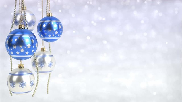 blue and silver christmas balls hanging on bokeh background. Seamless loop. 3D render