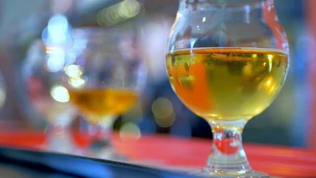 4K Beer Flight Macro Shot, Craft Pub Tasting Brewery, Shallow Focus, Hand Pickup