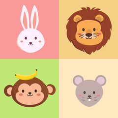 Set of Cute Animal Head rabbit, lion, monkey and mouse vector illustration