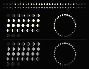 Moon phase vector scheme. Circle cycle calendar. lunar calendar line. Black space. illustration  graphic. 