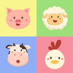 Set of Cute Animal Head Pig Sheep Cow Chicken vector illustration
