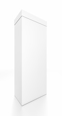 White tall vertical rectangle blank box with cover from front side angle.