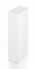 White tall vertical rectangle blank box with cover from top far side angle.